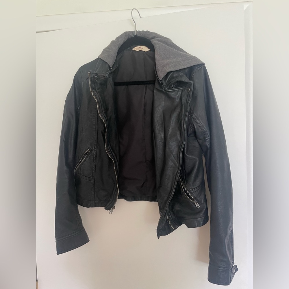 Black vegan leather jacket with hood